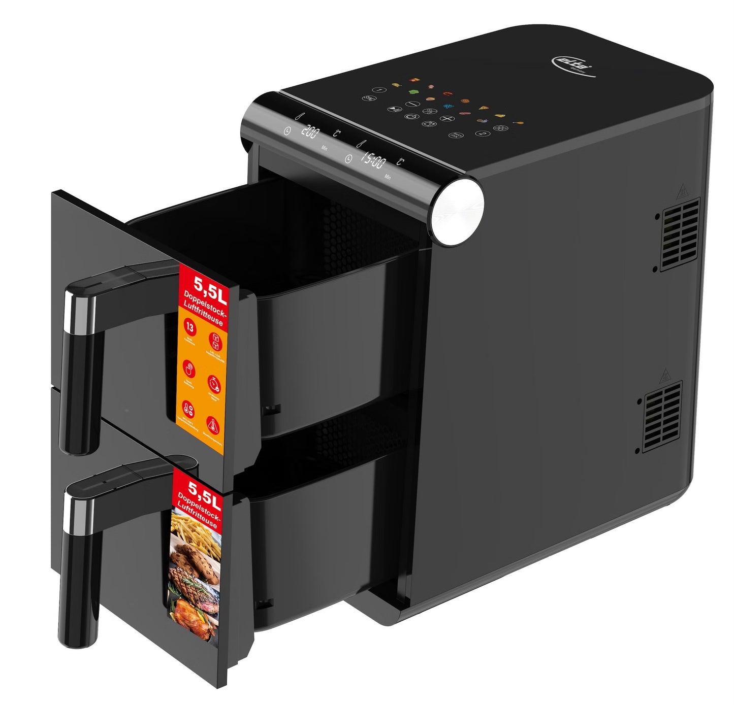 Elta Doppelstock-Heißluftfritteuse – 11 Liter Dual Zone XXL Airfryer mit 2 Körben