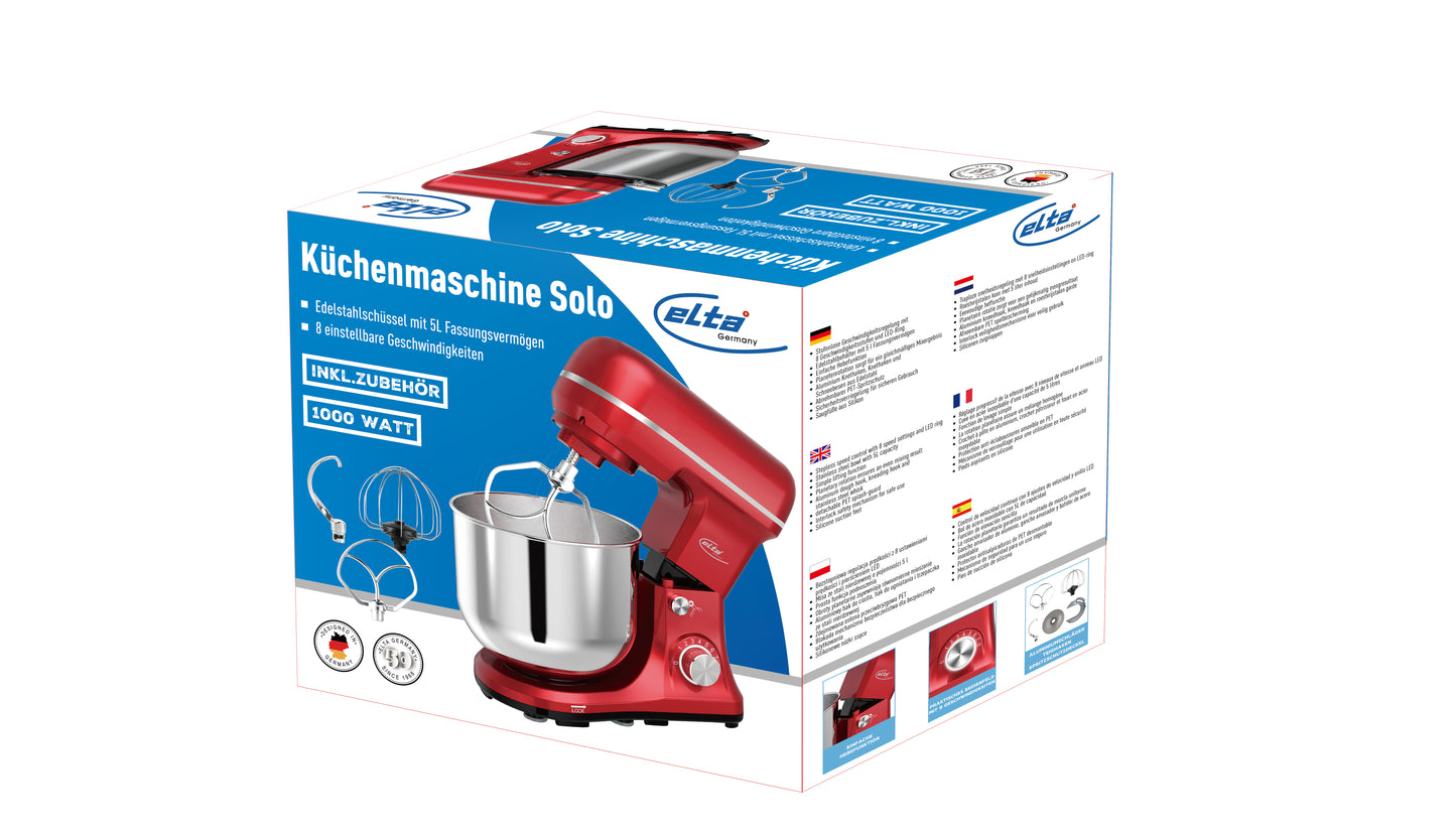 Elta Küchemaschine 1000W – 5L Küchenmaschine mit Planetarischem Rührsystem, 8 Geschwindigkeiten & Zubehör für Teig, Sahne, Kuchen