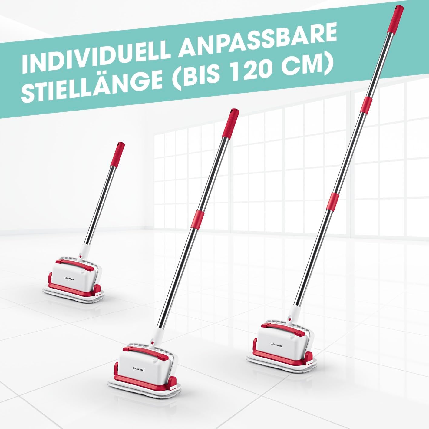 CLEANmaxx Akku-Vibrations-Reiniger für Hartböden, Fliesen & Oberflächen | 2in1 Bodenreiniger & Handbürste | Kabelloses Reinigen für mehr Flexibilität | Mit ausziehbarem Stiel | Inkl. 3 Reinigungspads