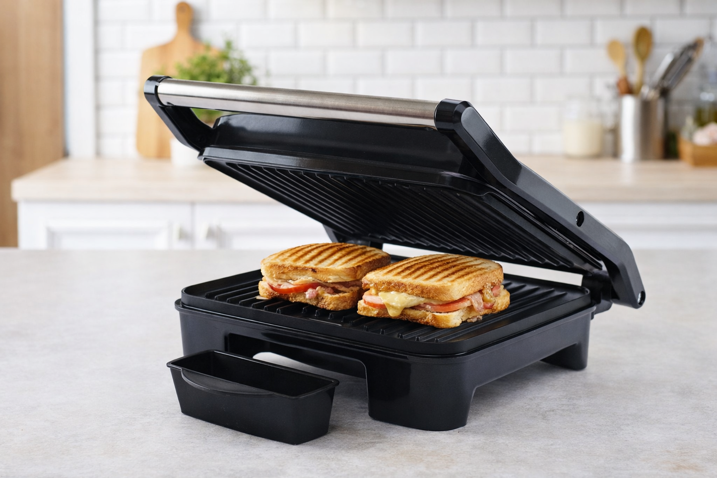 Elta Kontaktgrill Edelstahl 2000W – Panini Grill mit Thermostat, Z-Scharnier, Antihaft Grillplatten 28x23 cm, Fettablauf, Cool-Touch Griff