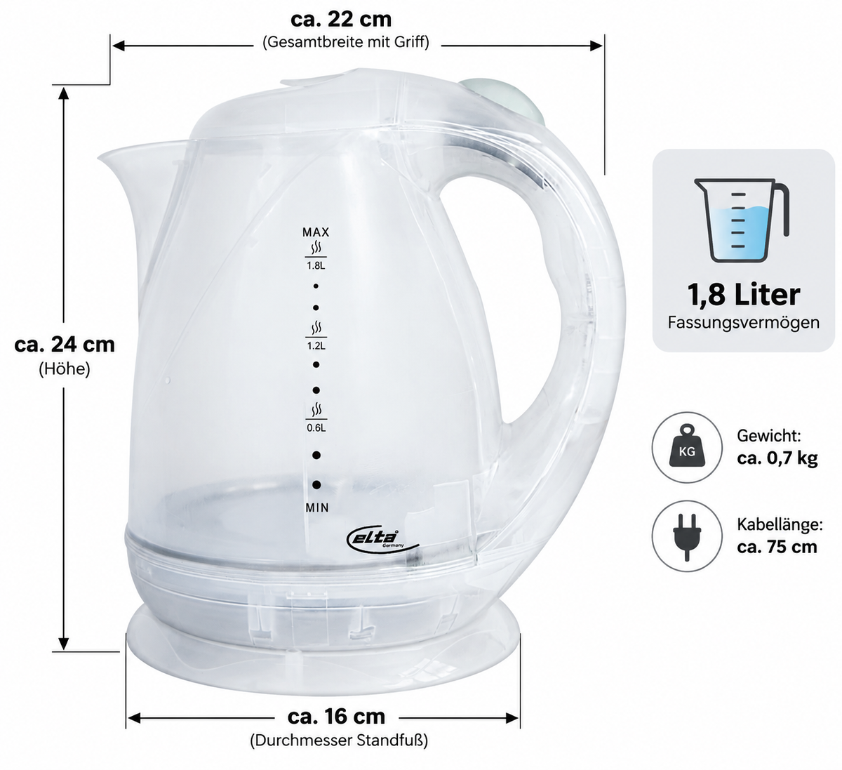 Elta Wasserkocher Camping&Freizeit transparent, 1,8L,  500 W