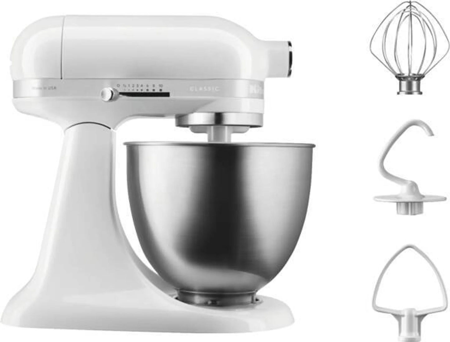 KitchenAid 5KSM3310XEWH CLASSIC Küchenmaschine Metall-Gehäuse 250 Watt Edelstahl-Rührschüssel 3,3 l Flachrührer Knethaken Schneebesen - Weiss