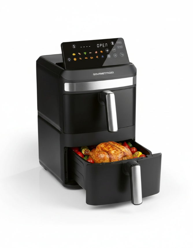 GOURMETmaxx GOURMETmaxx FryUp XL Heißluftfritteuse – 12 L Doppelkammer, 360° Heißluft & Oberhitze
