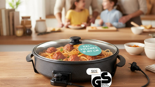 GOURMETmaxx Elektrische Multifunktionspfanne ⌀ 40cm | Mit Thermostat, Glasdeckel & Antihaftbeschichtung | XXL Volumen - optimal als Paellapfanne, Schmorpfanne & Wokpfanne | 1500W
