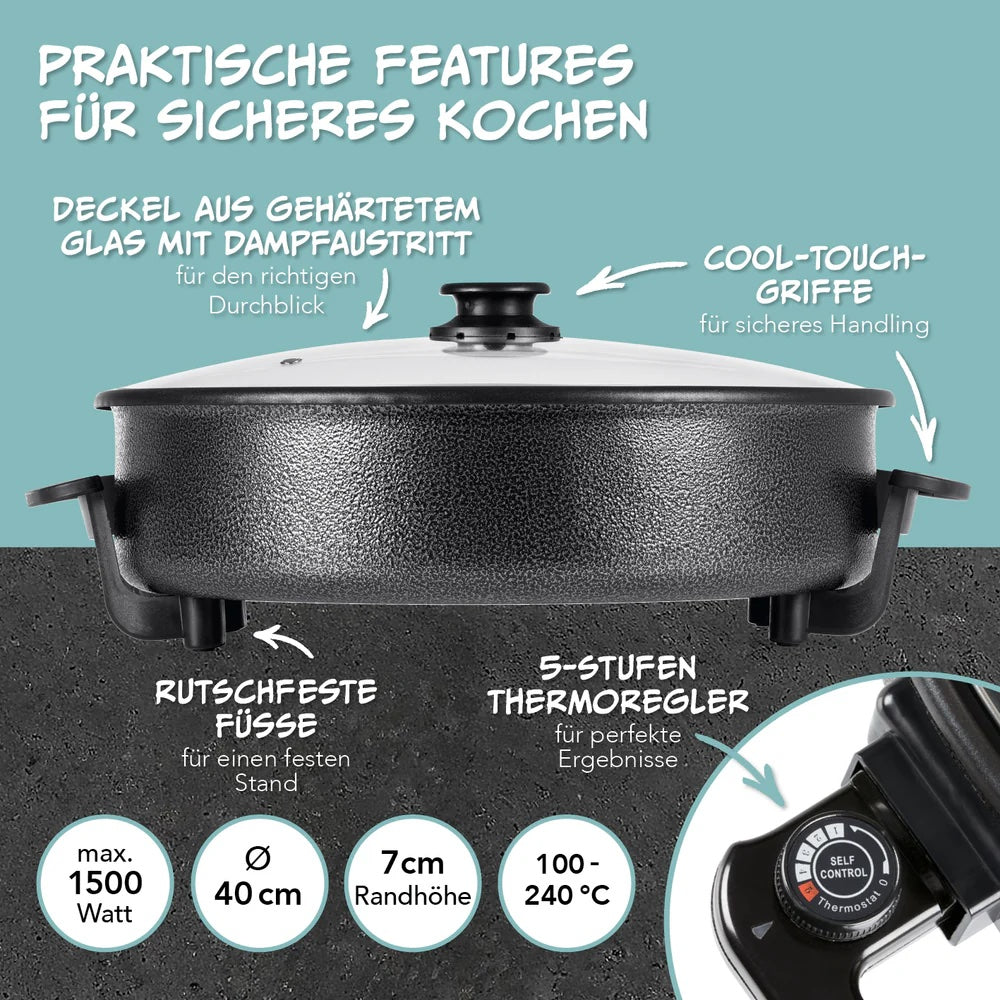 GOURMETmaxx Elektrische Multifunktionspfanne ⌀ 40cm | Mit Thermostat, Glasdeckel & Antihaftbeschichtung | XXL Volumen - optimal als Paellapfanne, Schmorpfanne & Wokpfanne | 1500W