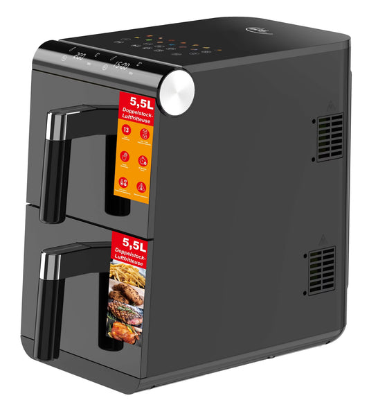 Elta Doppelstock-Heißluftfritteuse – 11 Liter Dual Zone XXL Airfryer mit 2 Körben