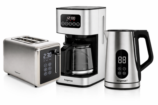 HagenukDigitales Frühstücksset Edelstahl – Toaster, Kaffeemaschine & Wasserkocher mit LED & Touch