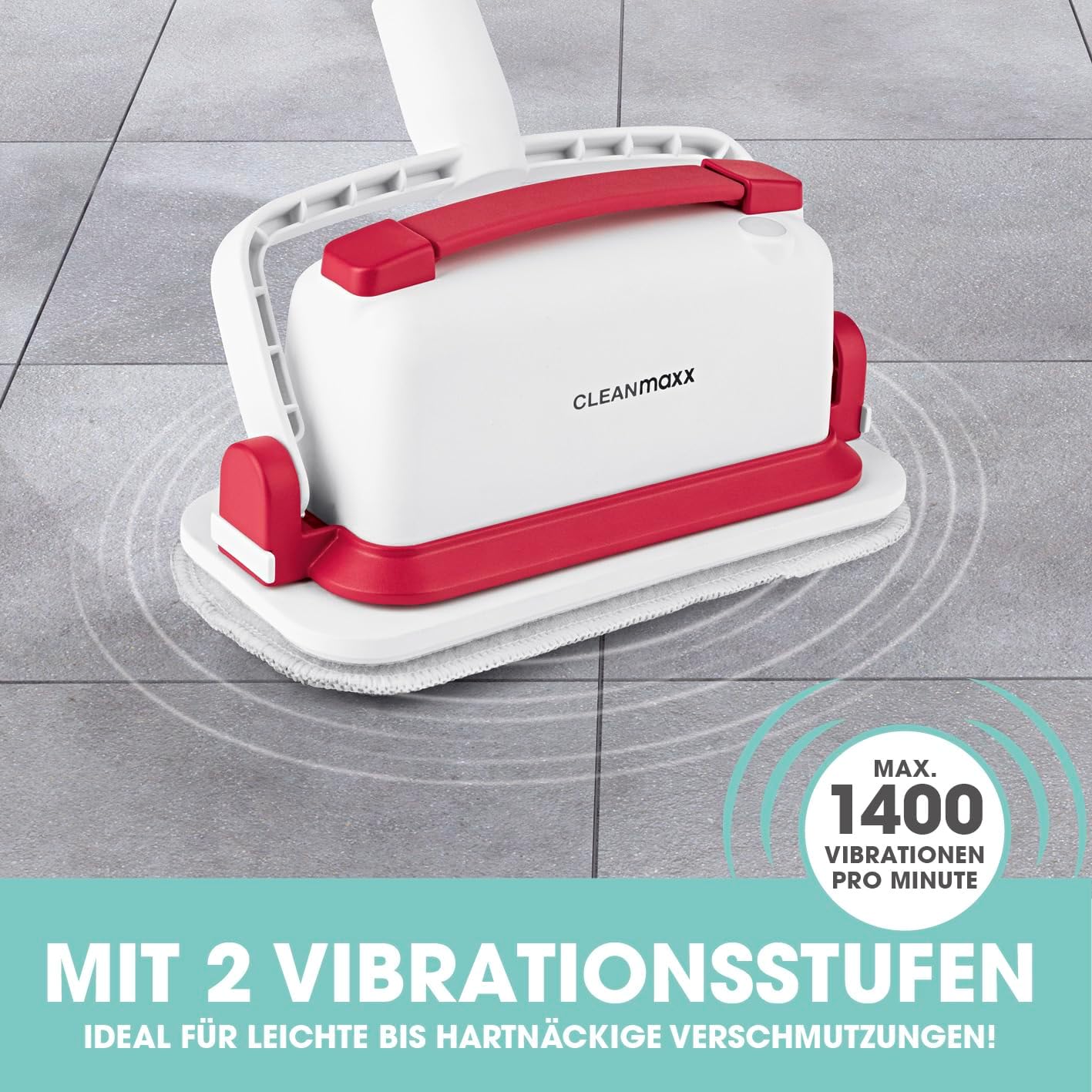 CLEANmaxx Akku-Vibrations-Reiniger für Hartböden, Fliesen & Oberflächen | 2in1 Bodenreiniger & Handbürste | Kabelloses Reinigen für mehr Flexibilität | Mit ausziehbarem Stiel | Inkl. 3 Reinigungspads