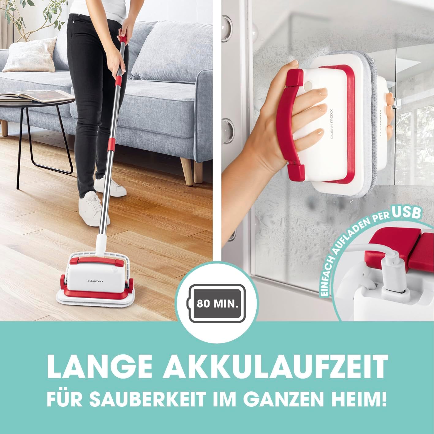 CLEANmaxx Akku-Vibrations-Reiniger für Hartböden, Fliesen & Oberflächen | 2in1 Bodenreiniger & Handbürste | Kabelloses Reinigen für mehr Flexibilität | Mit ausziehbarem Stiel | Inkl. 3 Reinigungspads