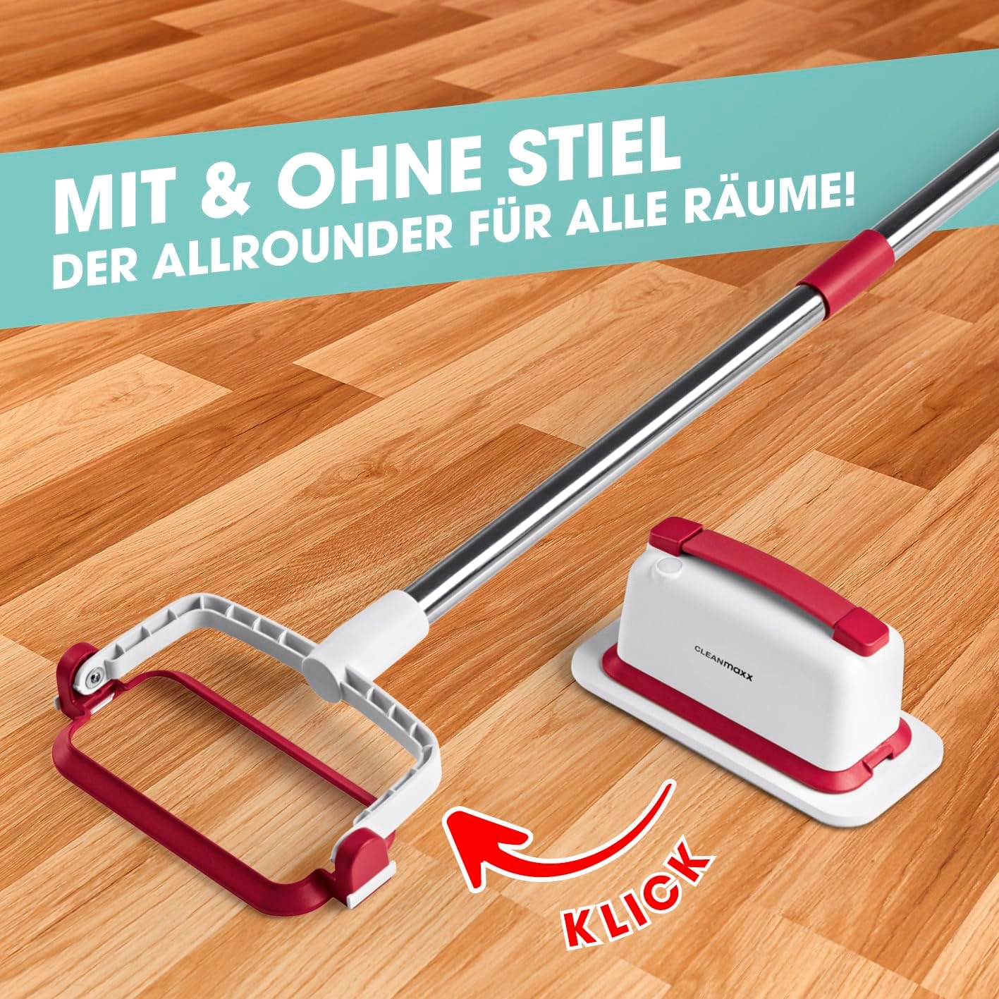 CLEANmaxx Akku-Vibrations-Reiniger für Hartböden, Fliesen & Oberflächen | 2in1 Bodenreiniger & Handbürste | Kabelloses Reinigen für mehr Flexibilität | Mit ausziehbarem Stiel | Inkl. 3 Reinigungspads