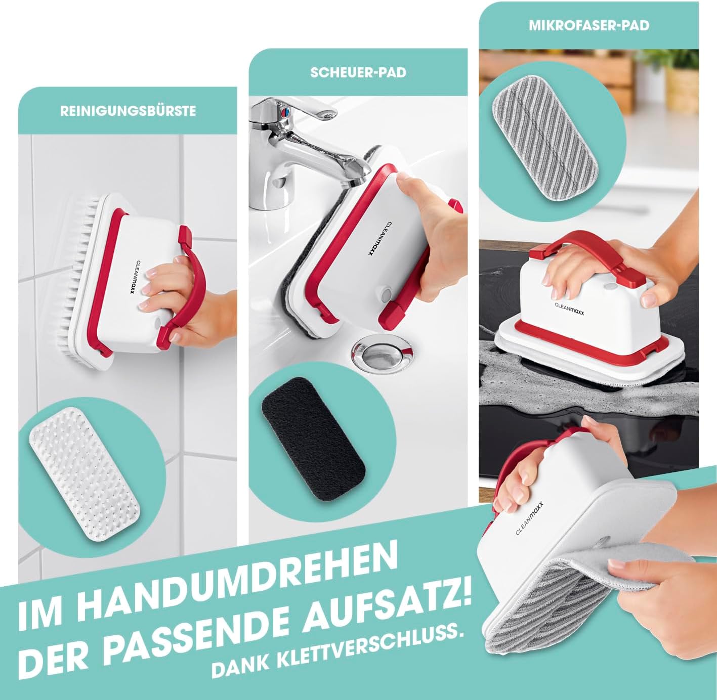 CLEANmaxx Akku-Vibrations-Reiniger für Hartböden, Fliesen & Oberflächen | 2in1 Bodenreiniger & Handbürste | Kabelloses Reinigen für mehr Flexibilität | Mit ausziehbarem Stiel | Inkl. 3 Reinigungspads