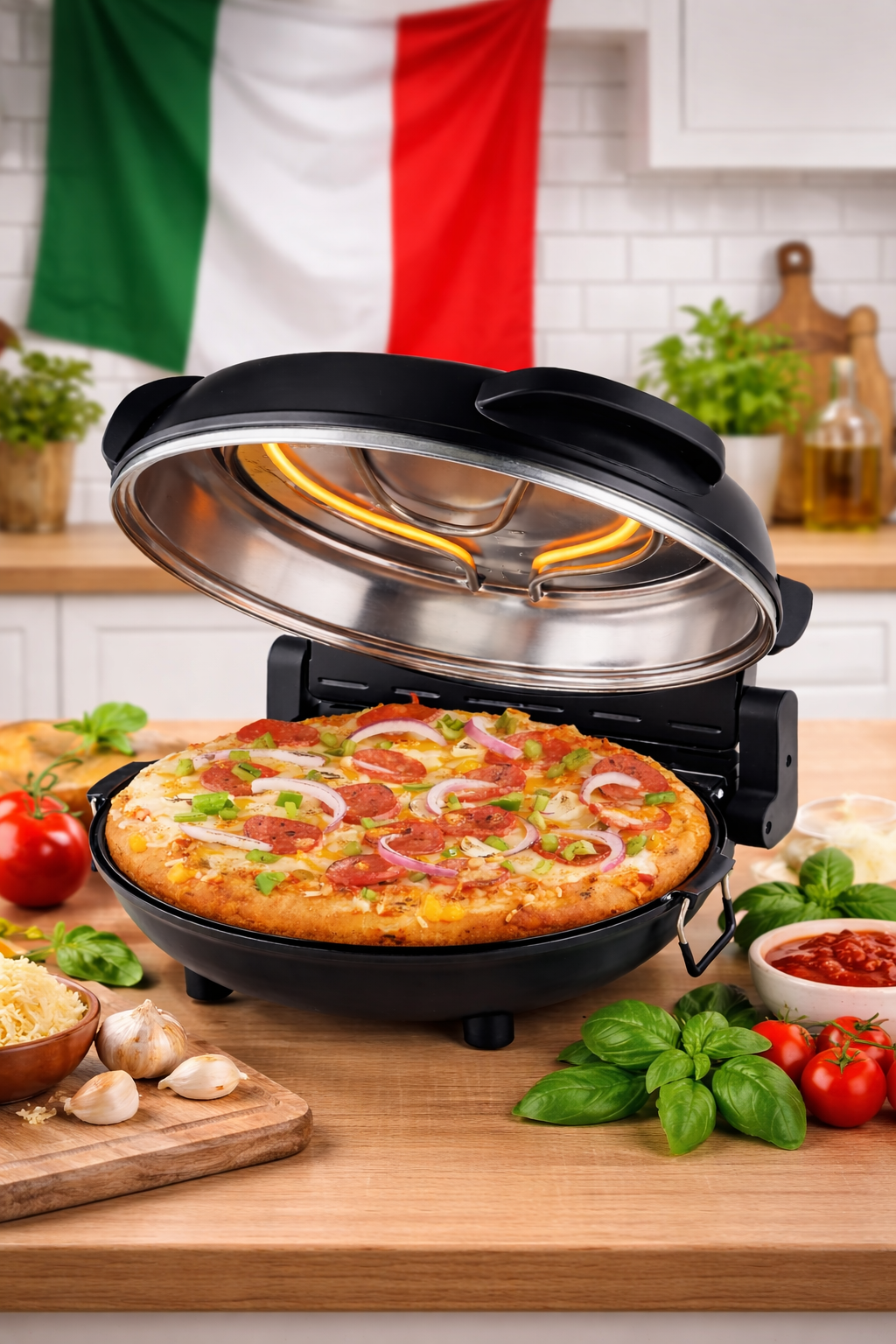 ELTA Elektrischer Pizza-Ofen inkl. Pizzastein | Pizza-Maker mit 1200 Watt & Timerfunktion | 32 cm Durchmesser auch ideal für Flammenkuchen, Wraps oder knuspriges Brot| bis 360° C