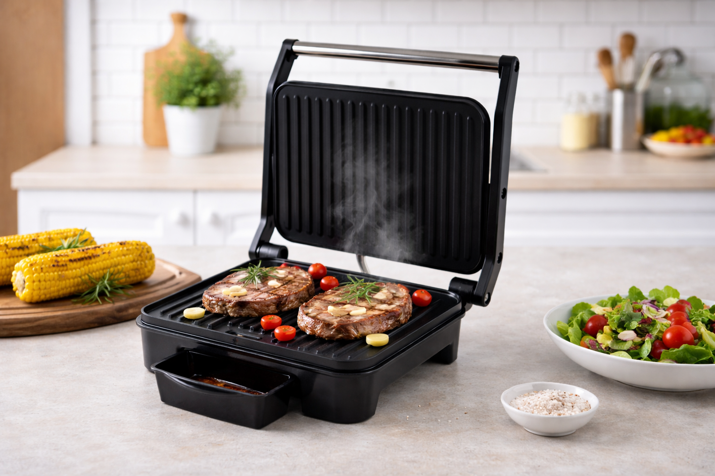 Elta Kontaktgrill Edelstahl 2000W – Panini Grill mit Thermostat, Z-Scharnier, Antihaft Grillplatten 28x23 cm, Fettablauf, Cool-Touch Griff