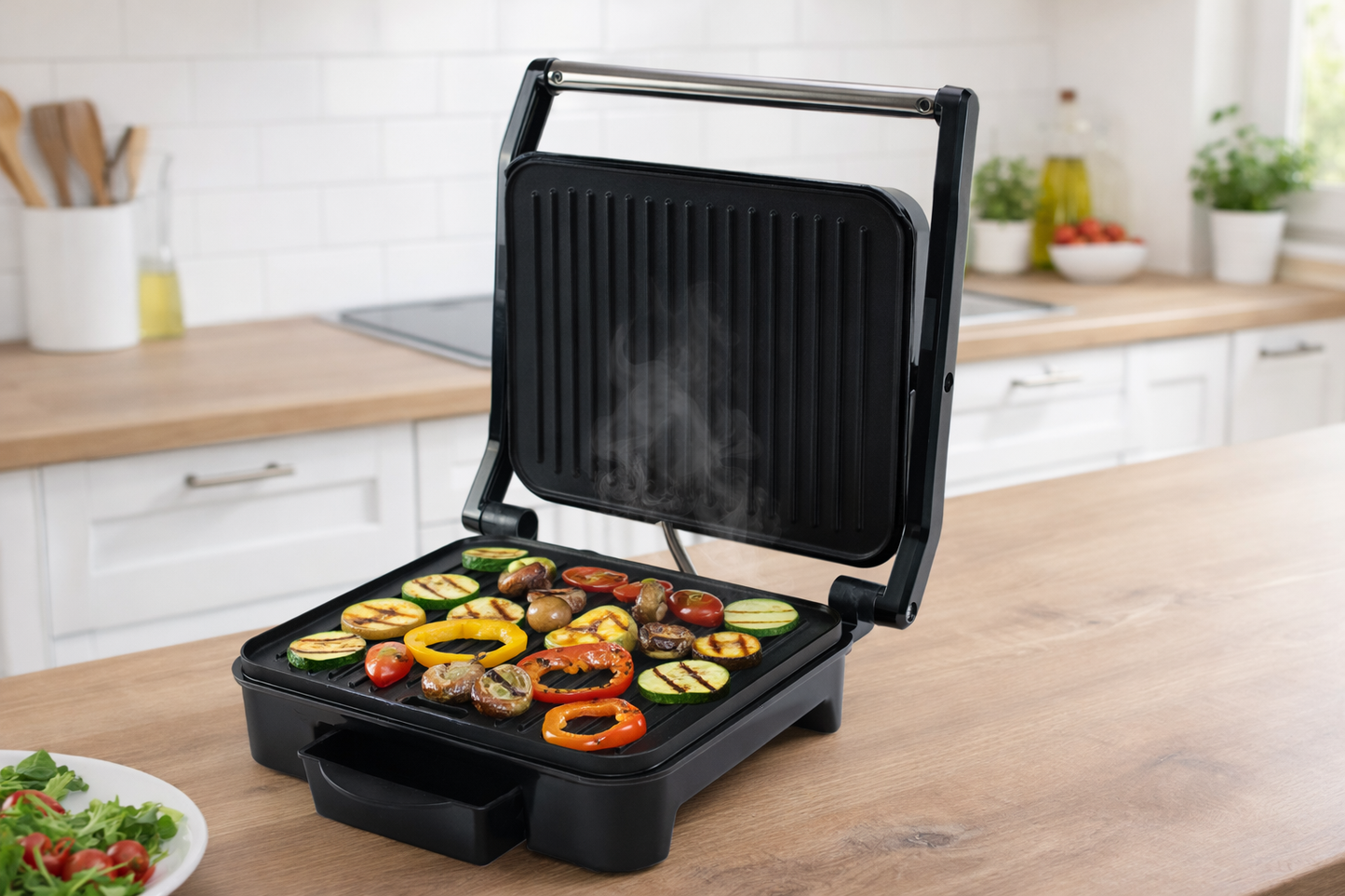 Elta Kontaktgrill Edelstahl 2000W – Panini Grill mit Thermostat, Z-Scharnier, Antihaft Grillplatten 28x23 cm, Fettablauf, Cool-Touch Griff