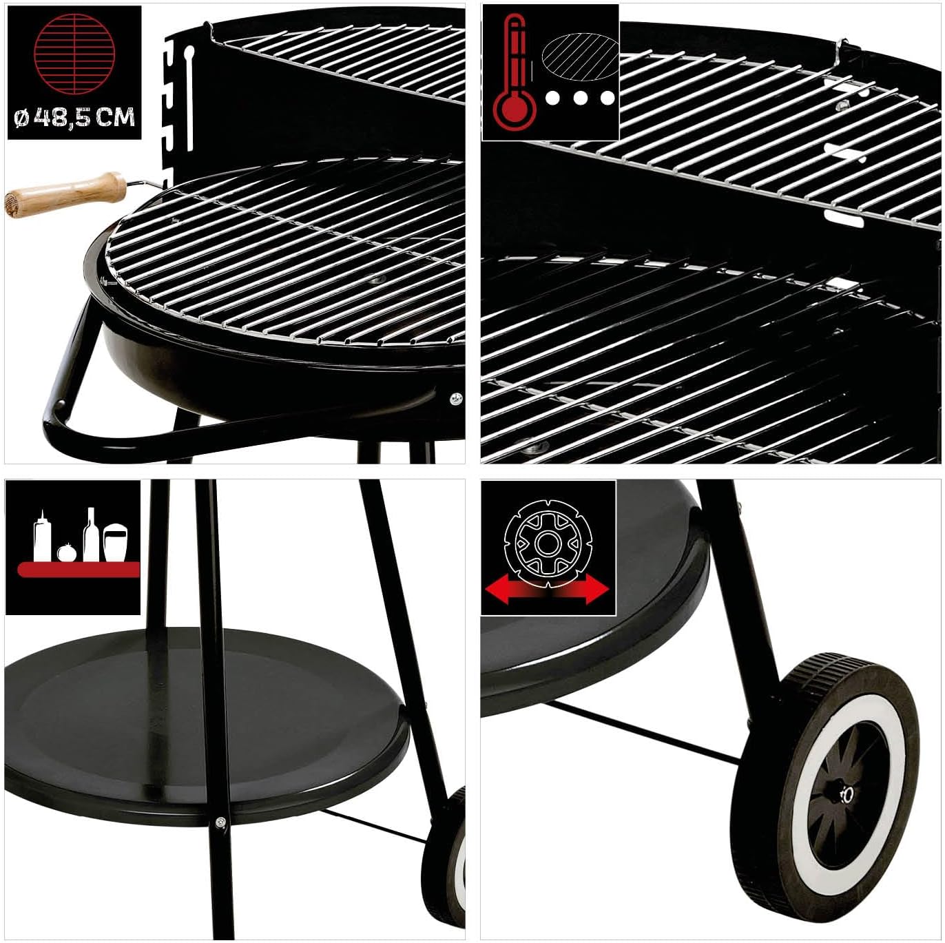 GRILLCHEF Holzkohlegrillwagen Corso | Emaillierte Feuerschale & höhenverstellbarer verchromter Grillrost (ø 48,5 cm) | Mit Rollen für einfachen Transport | inkl. Ablagetisch & Windschutz [Grau]