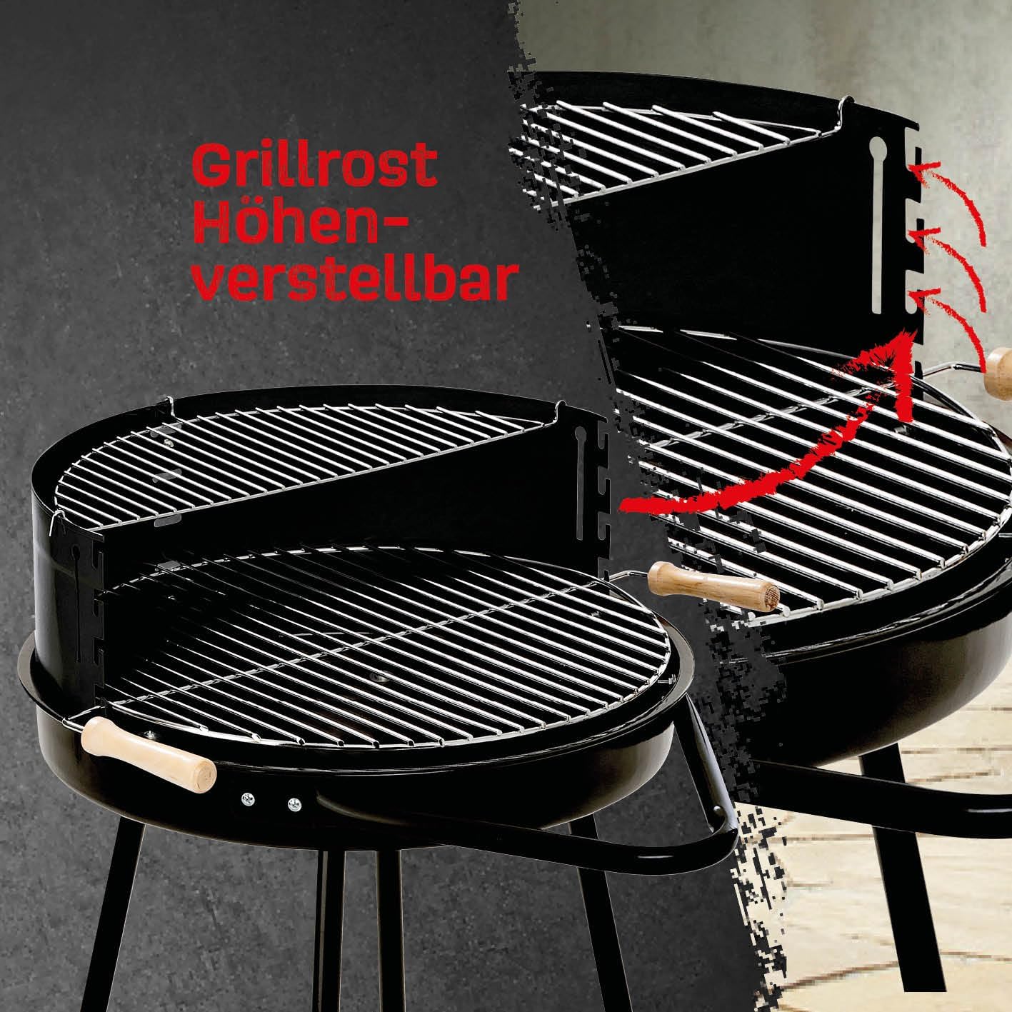 GRILLCHEF Holzkohlegrillwagen Corso | Emaillierte Feuerschale & höhenverstellbarer verchromter Grillrost (ø 48,5 cm) | Mit Rollen für einfachen Transport | inkl. Ablagetisch & Windschutz [Grau]