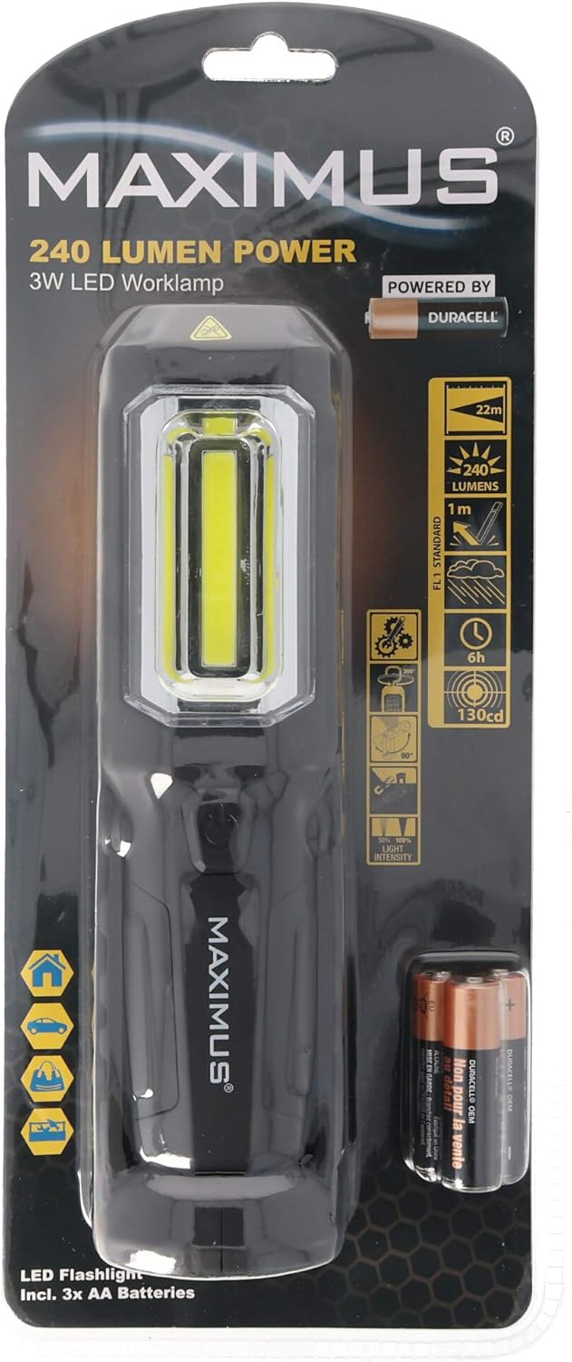 MAXIMUS 3W LED Arbeitsleuchte inklusive 3 Marken Alkaline Batterien mit Magnet, max. 250 Lumen