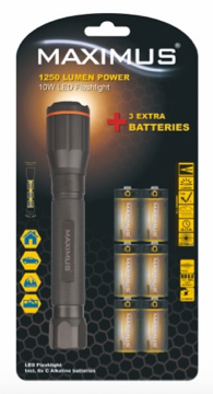 MAXIMUS LED Taschenlampe 1250 Lumen 10W – Fokus Zoom – 308m Reichweite – Aluminium – 3 Modi (100% / 30% / SOS) – IP44 wasserfest – inkl. 3x C Batterien + Ersatzbatterien